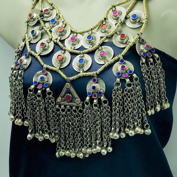 Handmade Jewelry Set, Vintage Choker Necklace With Long Bells and Dangle Earring - Picture 4 of 8